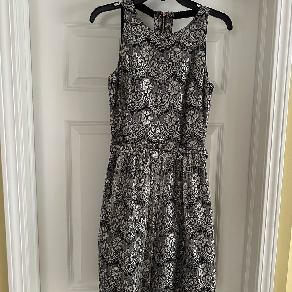 Eliza J, dress, size 4, black, gray, silver, fun back, waisted with belt